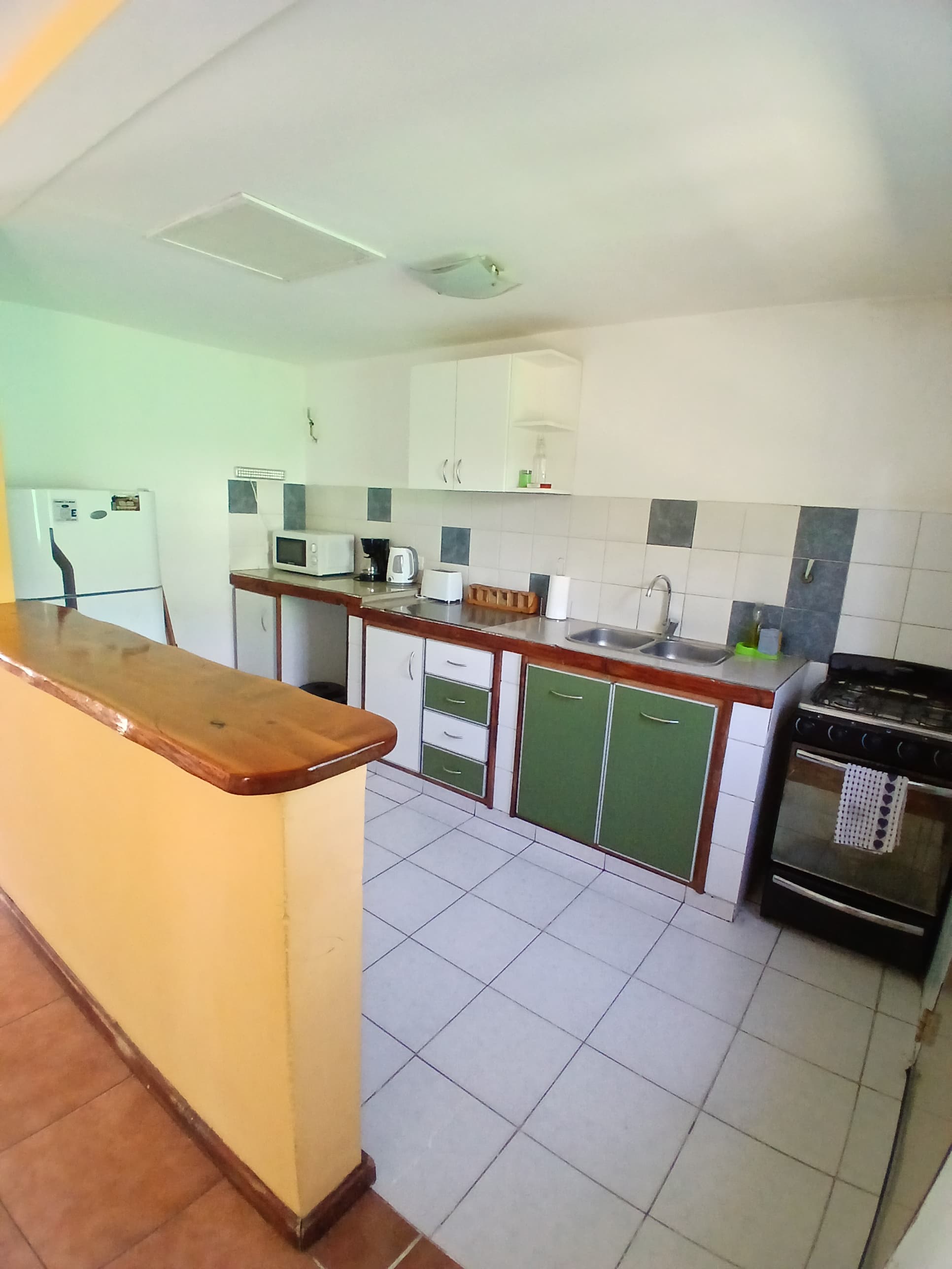Cocina con armarios verdes y blancos, electrodomésticos, azulejos y una barra de madera.