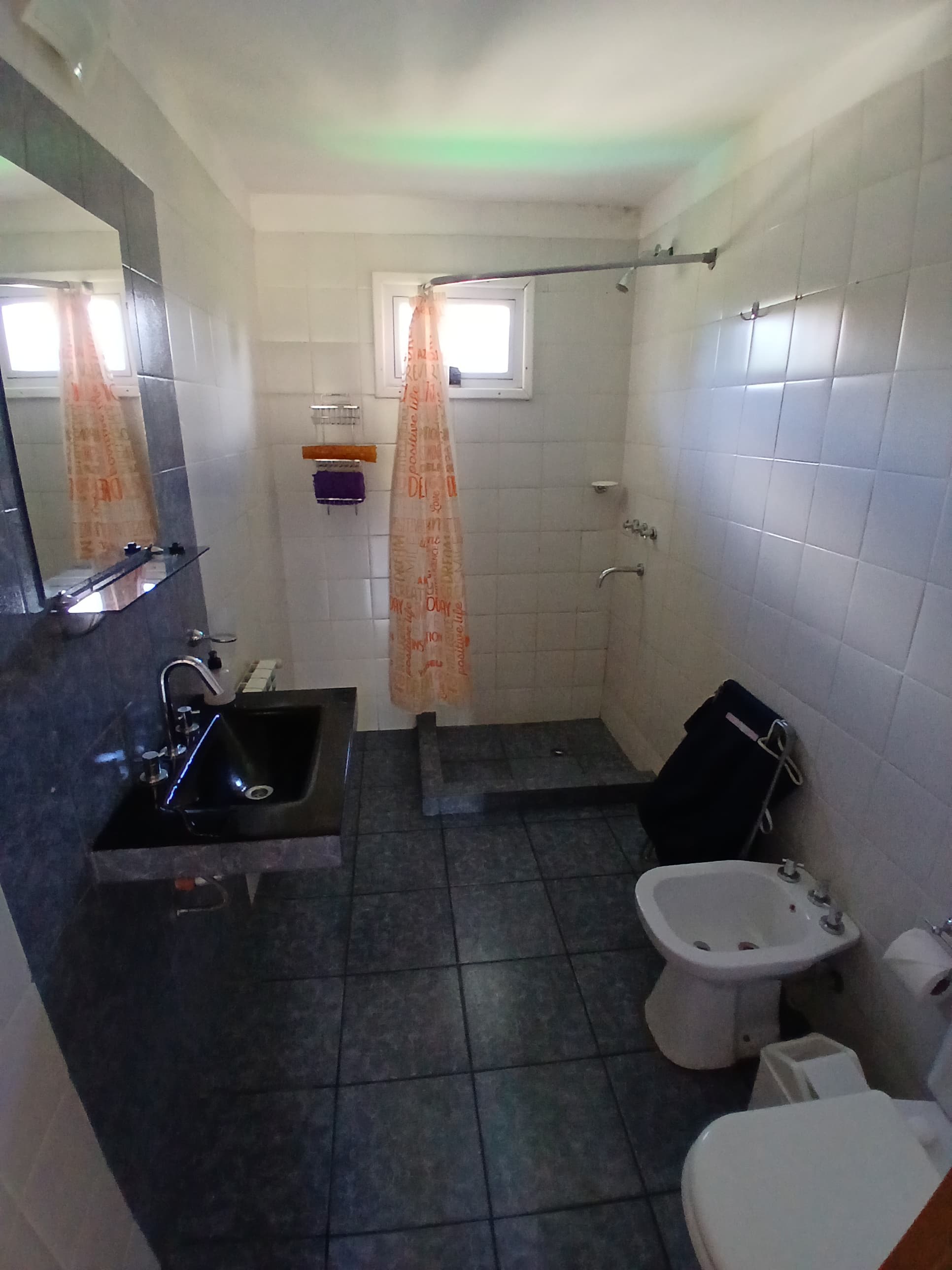 Baño con lavabo negro, paredes blancas, ducha con cortina estampada, bidé y suelo gris oscuro.